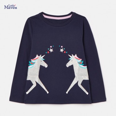 European and American brand childrens clothing girls T-shirt knit long-sleeved children T-shirt round collar cartoon