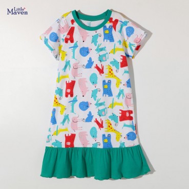 Summer new European and American childrens clothing dress short-sleeved European and American skirt print girls dress