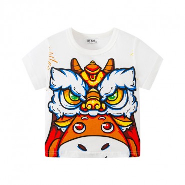 2021 new Chinese windy lion koi lucky cat printing children short-sleeved foreign gas T-shirt joy celebrate new year