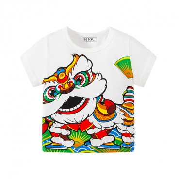 2021 new Chinese windy lion koi lucky cat printing children short-sleeved foreign gas T-shirt joy celebrate new year