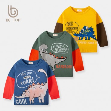 Childrens clothing autumn new Korean dinosaur tie T-shirt childrens long-sleeved boy bottoming shirt tide