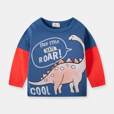 Childrens clothing autumn new Korean dinosaur tie T-shirt childrens long-sleeved boy bottoming shirt tide