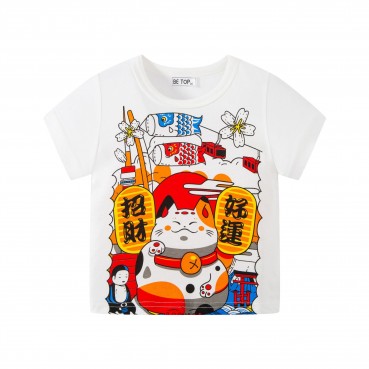 2021 new Chinese windy lion koi lucky cat printing children short-sleeved foreign gas T-shirt joy celebrate new year