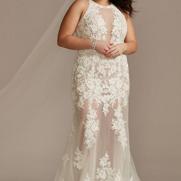 Illusion Keyhole Applique Plus Size Wedding Dress