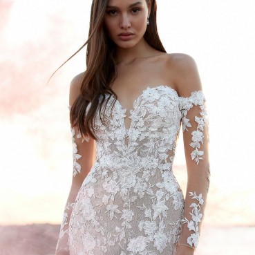 Sequined floral embroidered lace and Chantilly lace wedding dress