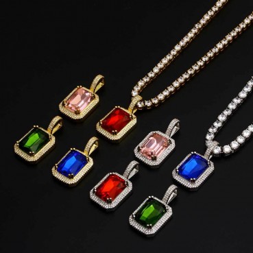 Hip -hop jewelry square color gem pendant necklace accessories micro -mosaic vermiculite tide men's pendant