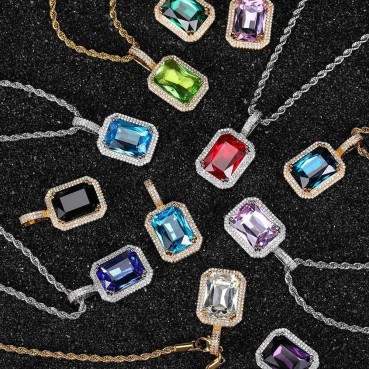 Hip -hop jewelry square color gem pendant necklace accessories micro -mosaic vermiculite tide men's pendant