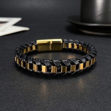 Jewelry wholesale European and American personality fashion trend stainless steel stitching woven men's magnetic buckle leather bracelet