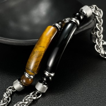 Jewelry factory European and American fashion retro stainless steel chain stitching tiger eye stone titanium steel men's bracelet