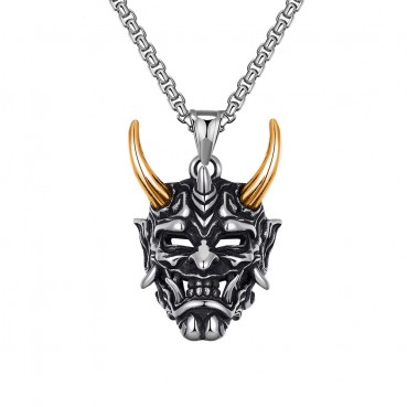 Trendy Cool Prajna Mask Men's Titanium Steel Pendant Personalized Retro Long Horn Ghost Accessory Divine Beast Skull Necklace