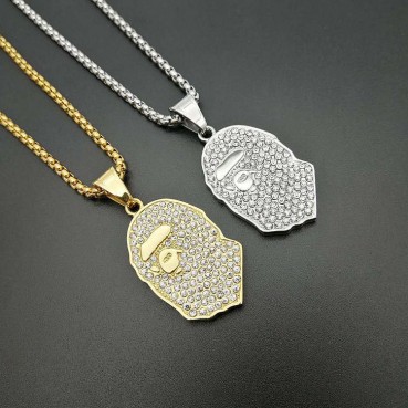 Titanium steel gold-plated rhinestone ape man BAPE accessory pendant necklace