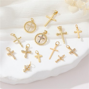 14K genuine gold color preservation micro inlaid zircon European and American cross pendant earrings necklace pendant DIY jewelry accessories