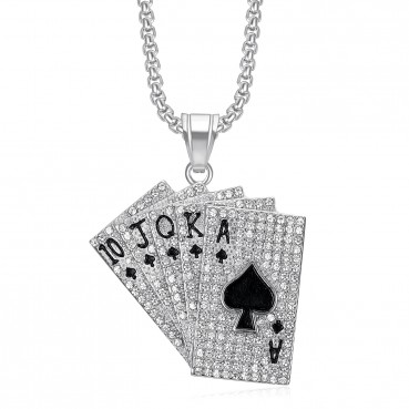 HIPHOP Jewelry Titanium Steel Gold Plated Diamond Set Tonghuashun Poker Pendant Necklace