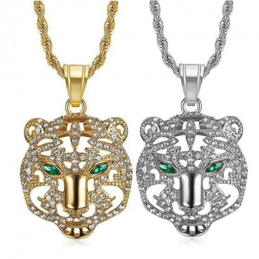 HIPHOP Jewelry Titanium Steel Gold Plated Diamond Set Tiger Head Pendant Necklace