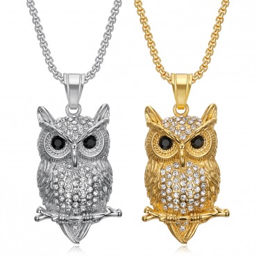 HIPHOP Jewelry Titanium Steel Gold Plated Diamond Set Owl Pendant Necklace