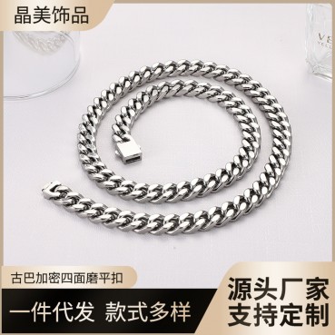 European and American minimalist titanium steel encrypted four sided ground chain men's and women's necklace hip-hop stainless steel Cuban chain men's and women's Cuban chain