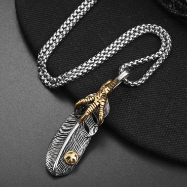 Titanium steel cast feather pendant necklace, stainless steel feather eagle claw accessory, retro style titanium steel necklace