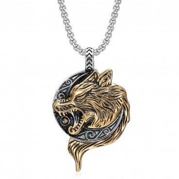 Vintage Jewelry Titanium Steel Gold Plated Nordic Viking Wolf Head Pendant Necklace