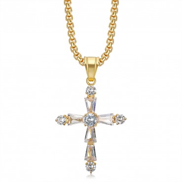 Stainless steel gold-plated inlaid irregular AAA zircon cross pendant