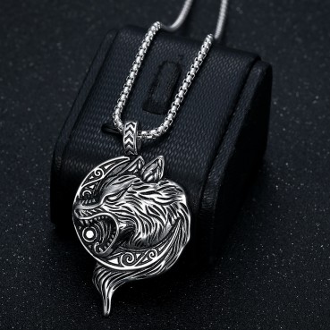 Vintage Jewelry Titanium Steel Gold Plated Nordic Viking Wolf Head Pendant Necklace