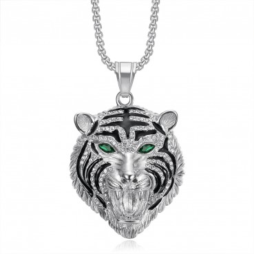 Stainless steel gold-plated full diamond red green eye tiger head pendant necklace