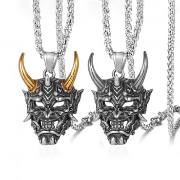 Trendy Cool Prajna Mask Men's Titanium Steel Pendant Personalized Retro Long Horn Ghost Accessory Divine Beast Skull Necklace