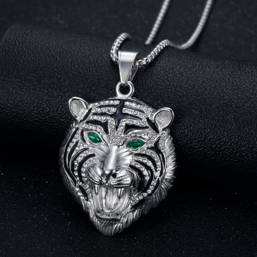 Stainless steel gold-plated full diamond red green eye tiger head pendant necklace