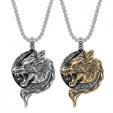 Vintage Jewelry Titanium Steel Gold Plated Nordic Viking Wolf Head Pendant Necklace