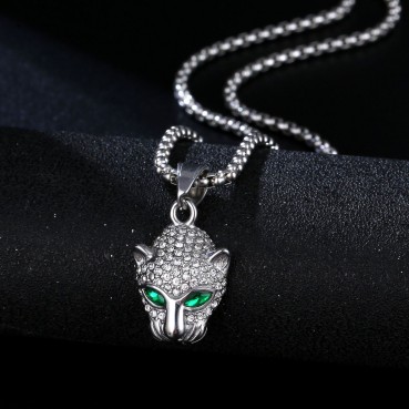 Stainless steel necklace with green, red, blue eyes and full diamond leopard head pendant