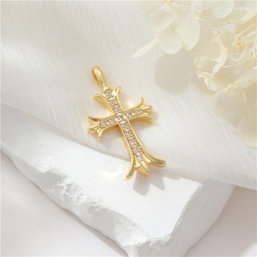 Zhongxing European and American Micro inlaid Zircon Cross Bear Pendant DIY Accessory 14k Gold Retro Necklace Female Pendant Single Pendant