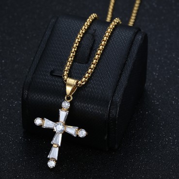 Stainless steel gold-plated inlaid irregular AAA zircon cross pendant