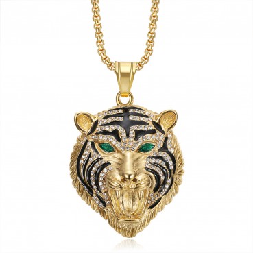 Stainless steel gold-plated full diamond red green eye tiger head pendant necklace