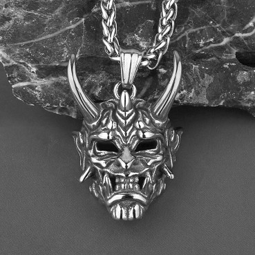 Trendy Cool Prajna Mask Men's Titanium Steel Pendant Personalized Retro Long Horn Ghost Accessory Divine Beast Skull Necklace