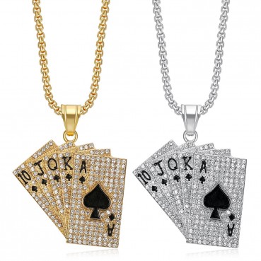 HIPHOP Jewelry Titanium Steel Gold Plated Diamond Set Tonghuashun Poker Pendant Necklace