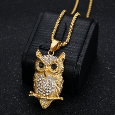 HIPHOP Jewelry Titanium Steel Gold Plated Diamond Set Owl Pendant Necklace