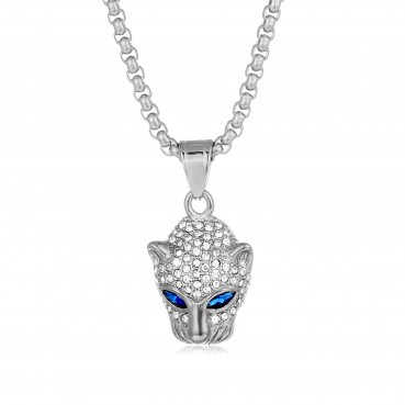 Stainless steel necklace with green, red, blue eyes and full diamond leopard head pendant