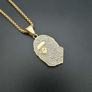 Titanium steel gold-plated rhinestone ape man BAPE accessory pendant necklace