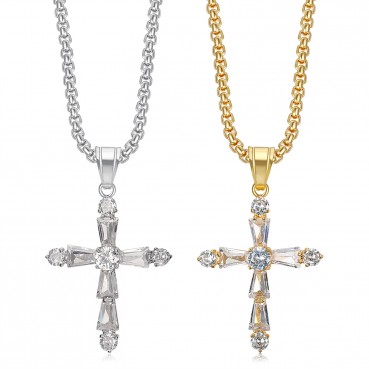 Stainless steel gold-plated inlaid irregular AAA zircon cross pendant