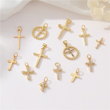 14K genuine gold color preservation micro inlaid zircon European and American cross pendant earrings necklace pendant DIY jewelry accessories