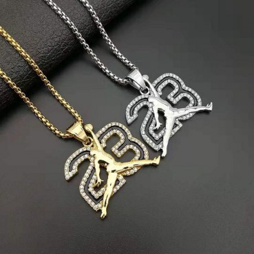 Hip hop Street Basketball Jewelry Stainless Steel Gold Plated Diamond Set Flying Man Dunk No. 23 Pendant Necklace