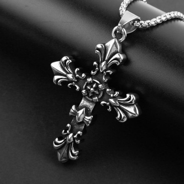 Vintage cross titanium steel pendant, cross flower cast necklace, stainless steel accessory