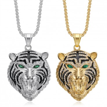 Stainless steel gold-plated full diamond red green eye tiger head pendant necklace