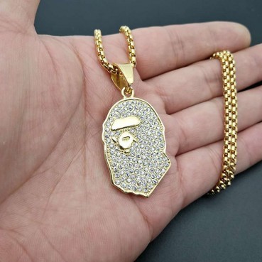 Titanium steel gold-plated rhinestone ape man BAPE accessory pendant necklace