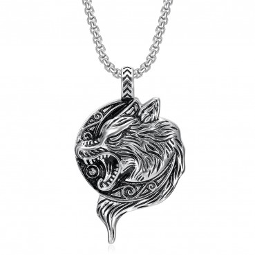 Vintage Jewelry Titanium Steel Gold Plated Nordic Viking Wolf Head Pendant Necklace