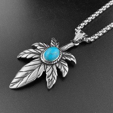 Trendy Cool New Titanium Steel Tree Leaf Turquoise Pendant Retro Leaf Necklace Hip Hop Men's and Women's Versatile Jewelry