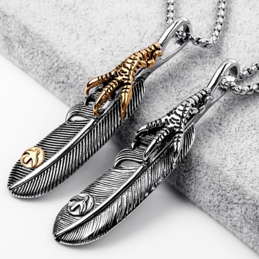 Titanium steel cast feather pendant necklace, stainless steel feather eagle claw accessory, retro style titanium steel necklace