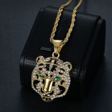 HIPHOP Jewelry Titanium Steel Gold Plated Diamond Set Tiger Head Pendant Necklace