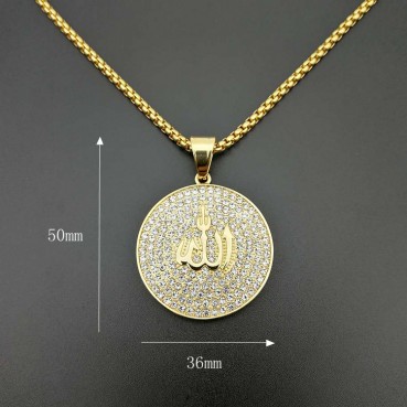 Hip hop vacuum gold-plated diamond studded circular necklace stainless steel pendant