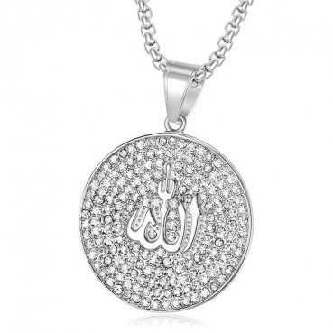 Hip hop vacuum gold-plated diamond studded circular necklace stainless steel pendant