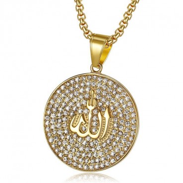 Hip hop vacuum gold-plated diamond studded circular necklace stainless steel pendant